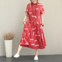 fashion red natural cotton shirt dress casual stand collar traveling clothing fine big hem gown