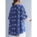 French Blue V Neck Print asymmetrical design Fall Half Sleeve Shirt Top