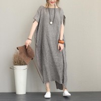 Elegant gray long linen dress plus size o neck traveling dress fine back open linen caftans