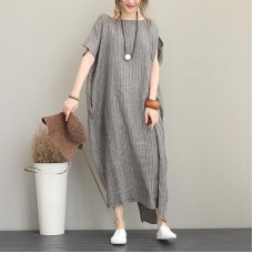 Elegant gray long linen dress plus size o neck traveling dress fine back open linen caftans