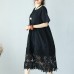 fine black linen dress Loose fitting O neck linen clothing dresses Elegant short sleeve baggy dresses