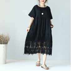 fine black linen dress Loose fitting O neck linen clothing dresses Elegant short sleeve baggy dresses