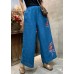 Blue Loose Linen Wide Leg Pants elastic waist Summer