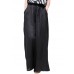 Modern Black Pockets Embroideried Floral Elastic Waist Linen Wide Leg Pants Summer