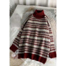 Comfy red clothes striped plussize high neck knitwear