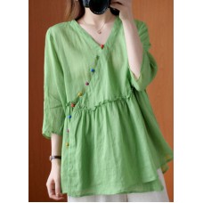 French Green V Neck Ruffled asymmetrical design Fall Half Sleeve Shirt