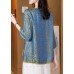 French Blue O-Neck Asymmetrical Jacquard Silk Top Half Sleeve