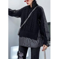 Aesthetic black knit blouse o neck patch work fashion spring knit sweat tops