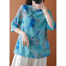 Vintage Blue Stand Collar Print Button Tops Spring