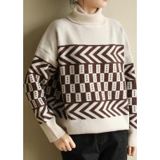 Cute beige knitted pullover patchwork oversized high neck sweaters