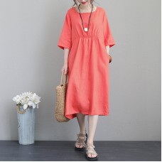 women orange red linen dresses plus size tunic linen clothing dresses boutique bracelet sleeved gown