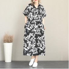 New floral long cotton dress plus size clothing lapel collar caftans New short sleeve caftans