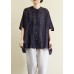 Modern Black Button Striped Tops Half Sleeve