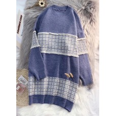 Cute o neck  Sweater blue knit top pattern Upcycle patchwork DIY knit dress