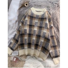 Women beige crane tops warm plus size plaid knit sweat tops