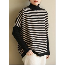 Aesthetic half high neck striped knit tops Loose fitting patchwork box top