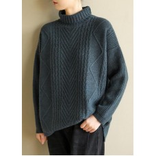 Vintage gray black knitted top cable fashion high neck knitwear