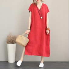 2018 red natural cotton dress casual v neck traveling dress Elegant side open maxi dresses