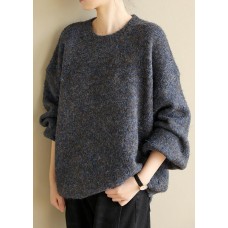 Fashion dark black gray knit tops long sleeve casual o neck knitwear