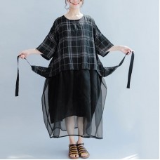 Women Casual Lattice Loose Summer Lacing Black Dress