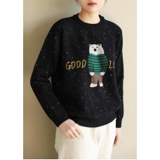 For Spring black knit tops o neck Loose fitting Cartoon print knitted blouse