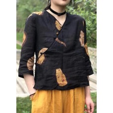 Casual Black Button Print Linen Shirt Top Half Sleeve