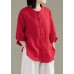 Art Red O-Neck Button Linen Loose Shirt Top Lantern Sleeve